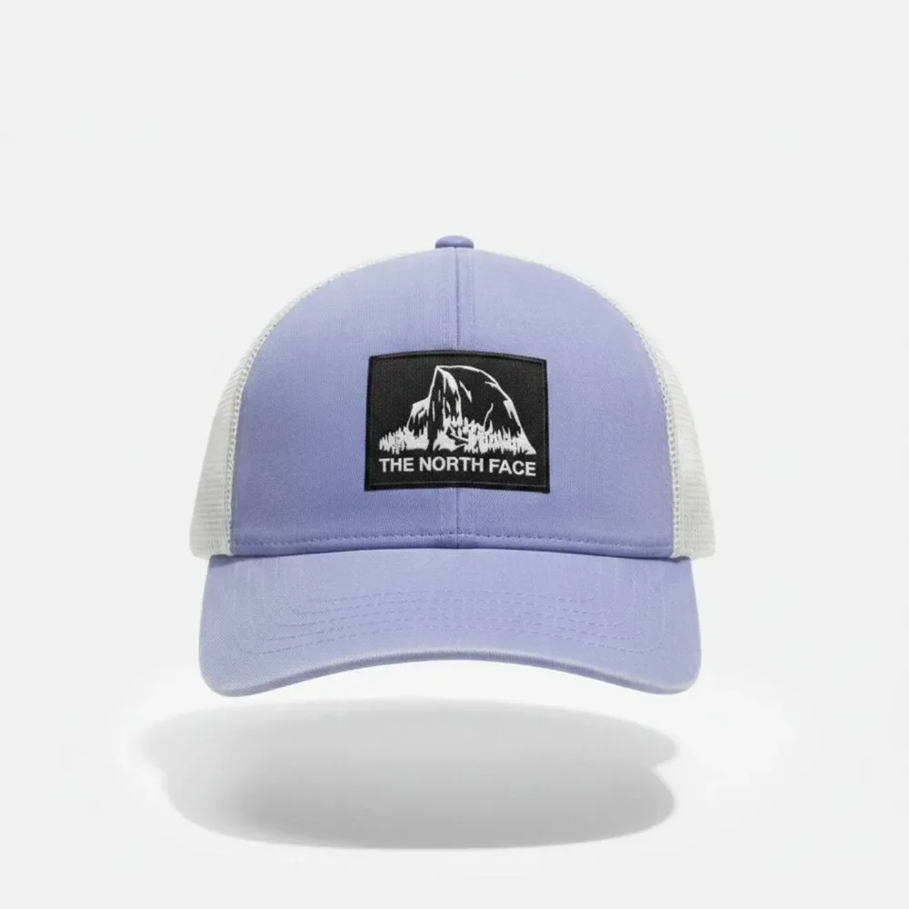 The North Face Trucker Hat Purple White Mesh FlexFit Stretch Cap Mountain Patch